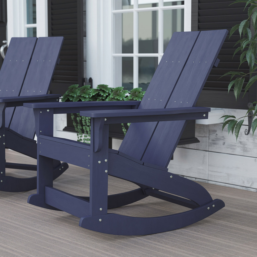 BLNK Finn Commercial All-Weather Poly Resin 2-Slat Rocking Adirondack Chair with Rust Resistant Stainless Steel Hardware - Navy