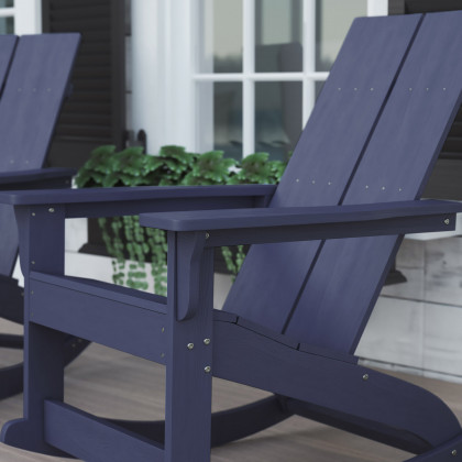 BLNK Finn Commercial All-Weather Poly Resin 2-Slat Rocking Adirondack Chair with Rust Resistant Stainless Steel Hardware - Navy