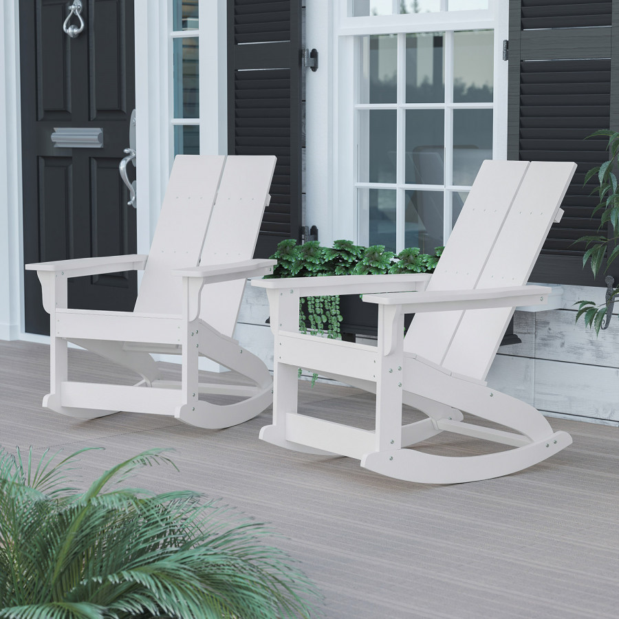 BLNK Finn Commercial All-Weather Poly Resin 2-Slat Rocking Adirondack Chair with Rust Resistant Stainless Steel Hardware Set of 2 - White