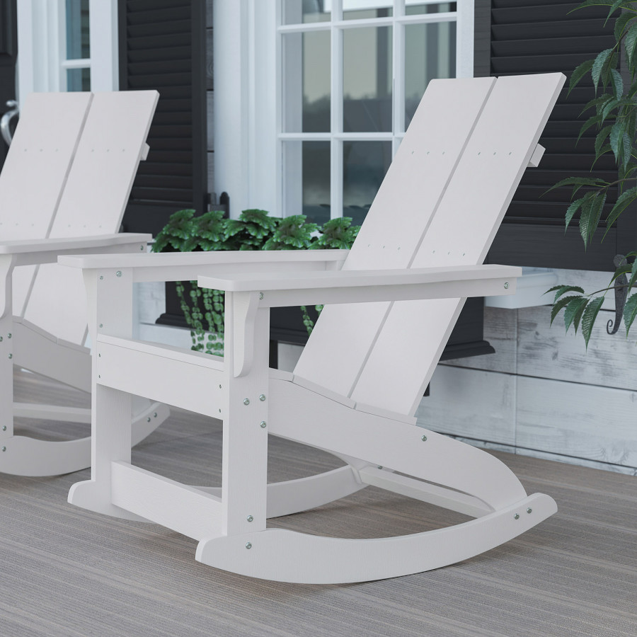 BLNK Finn Commercial All-Weather Poly Resin 2-Slat Rocking Adirondack Chair with Rust Resistant Stainless Steel Hardware - White