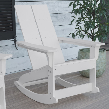BLNK Finn Commercial All-Weather Poly Resin 2-Slat Rocking Adirondack Chair with Rust Resistant Stainless Steel Hardware - White
