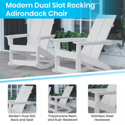 BLNK Finn Commercial All-Weather Poly Resin 2-Slat Rocking Adirondack Chair with Rust Resistant Stainless Steel Hardware - White