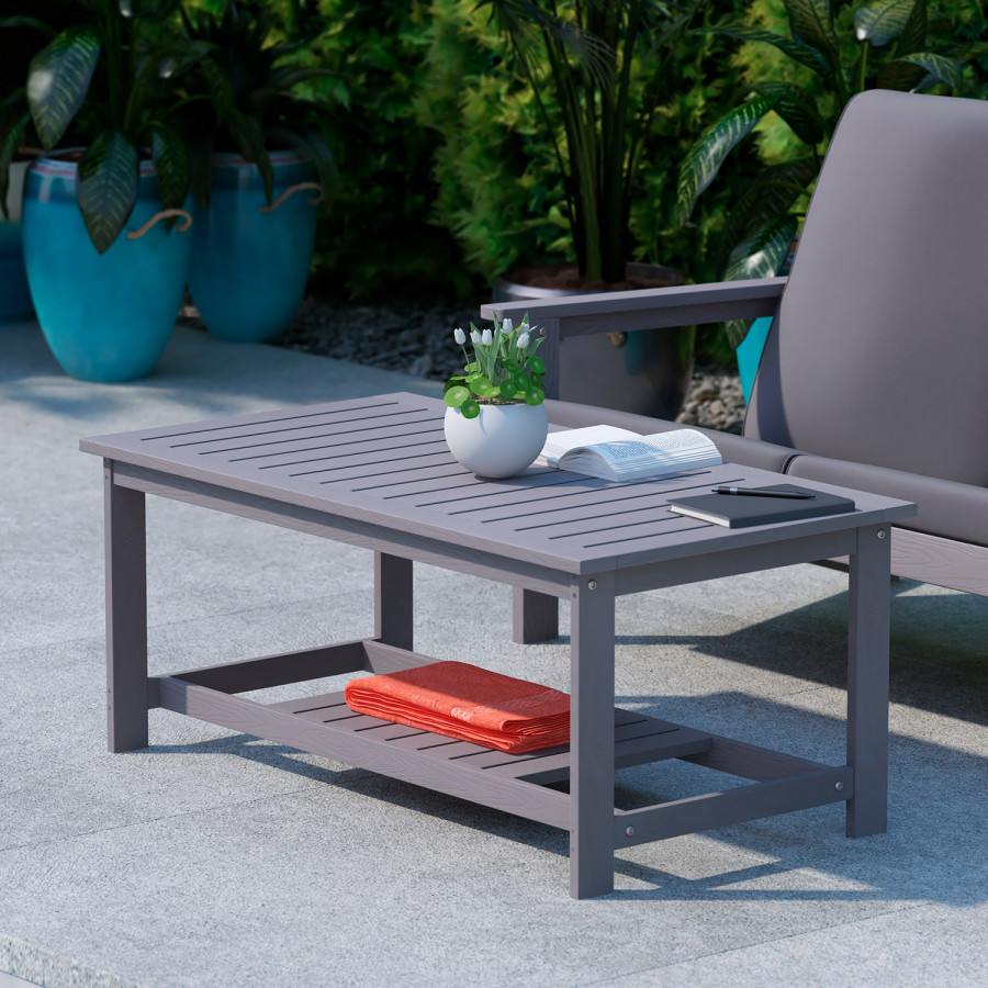BLNK Charlestown Commercial All-Weather Poly Resin Wood Two Tiered Adirondack Slatted Coffee Conversation Table - Gray
