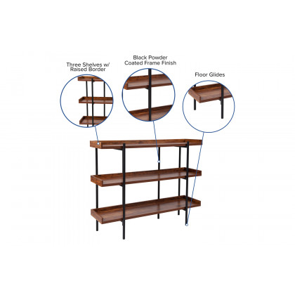 BLNK - Mayfair 3 Shelf Storage Display Unit Bookcase with Black Metal Frame in Rustic Wood Grain Finish