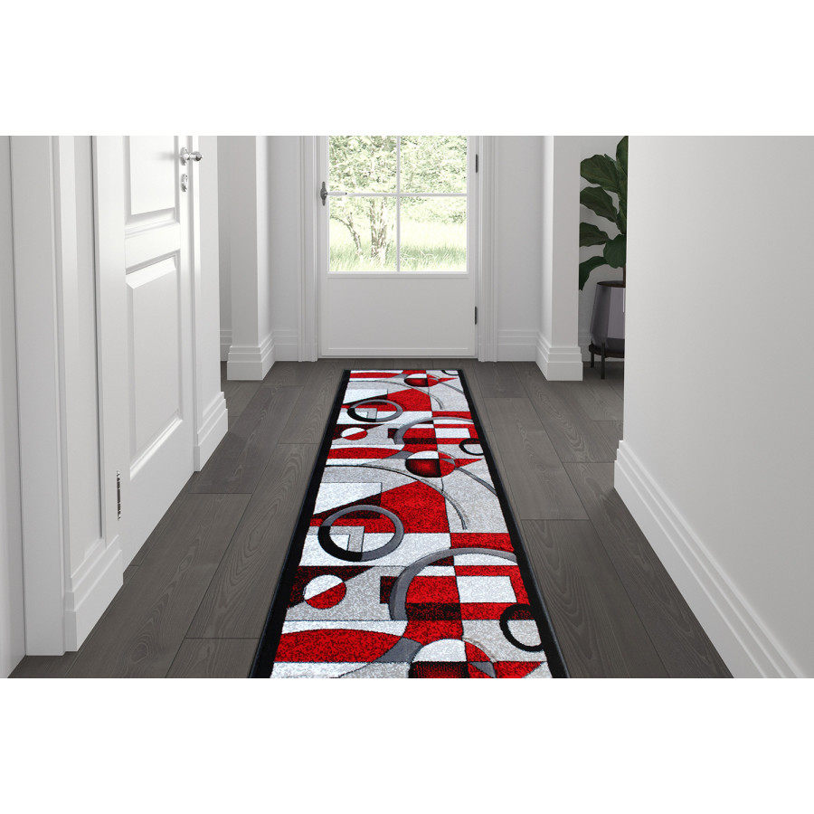 BLNK Elias Collection Geometric Abstract Olefin Area Rug with Jute Backing - Red, 2'W x 7'L