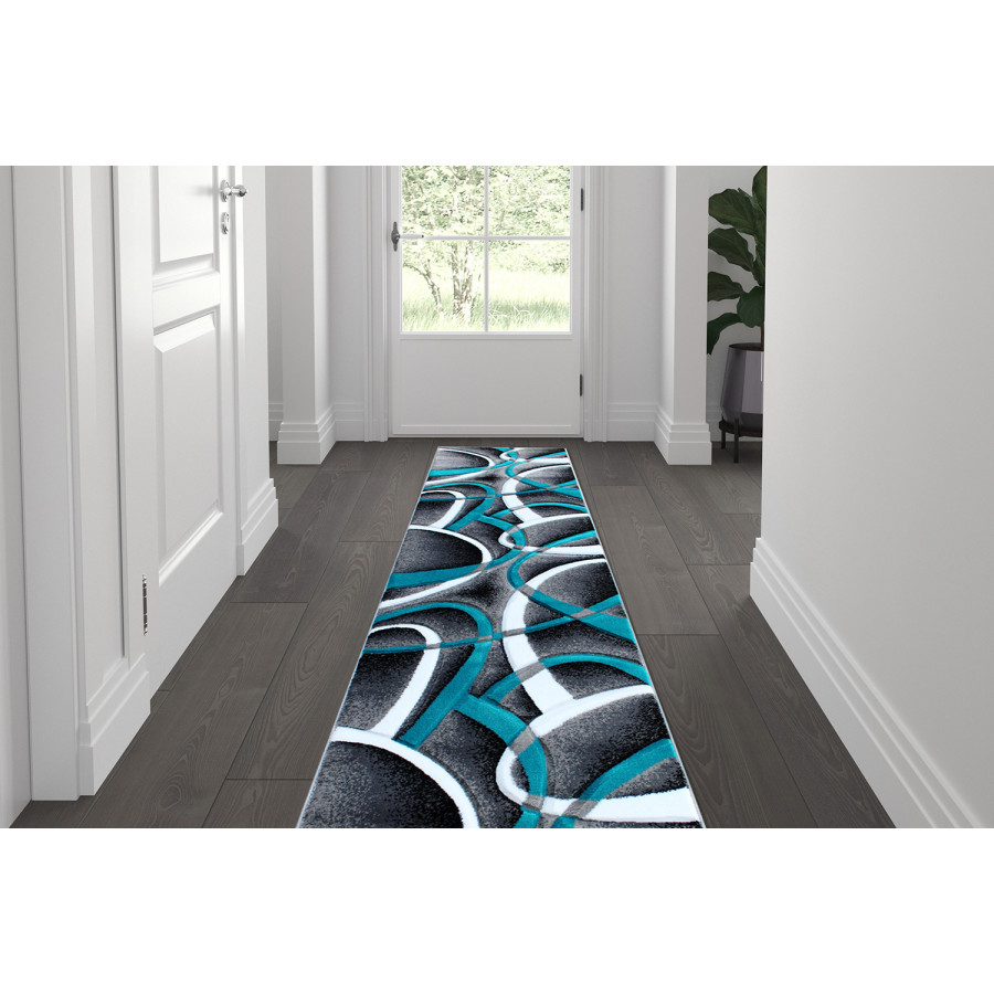 BLNK Atlan Collection Abstract Olefin Area Rug with Jute Backing - Turquoise, 2'W x 7'L