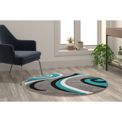 BLNK - Atlan Collection Abstract Round Olefin Area Rug with Jute Backing