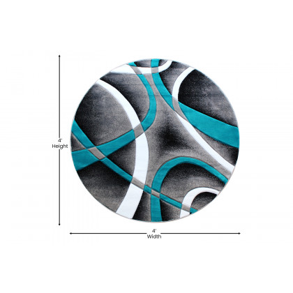 BLNK Atlan Collection Abstract Round Olefin Area Rug with Jute Backing - Turquoise, 4'W x 4'L