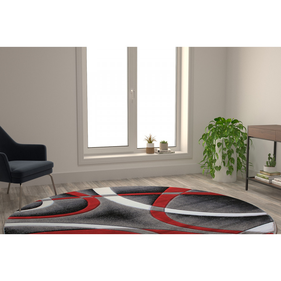 BLNK Atlan Collection Abstract Round Olefin Area Rug with Jute Backing - Red, 8'W x 8'L