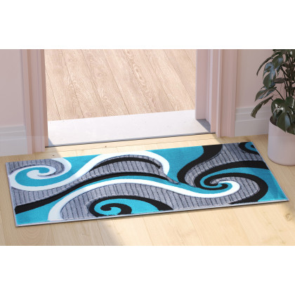 BLNK Athos Collection Abstract Olefin Area Rug with Jute Backing - Turquoise, 2'W x 7'L
