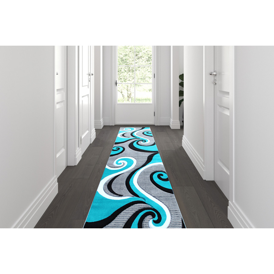 BLNK Athos Collection Abstract Olefin Area Rug with Jute Backing - Turquoise, 3'W x 10'L