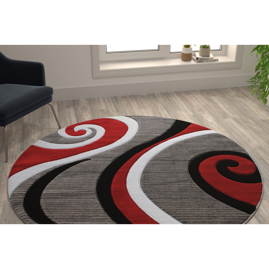 BLNK Athos Collection Abstract Olefin Area Rug with Jute Backing - Red, 5'W x 5'L