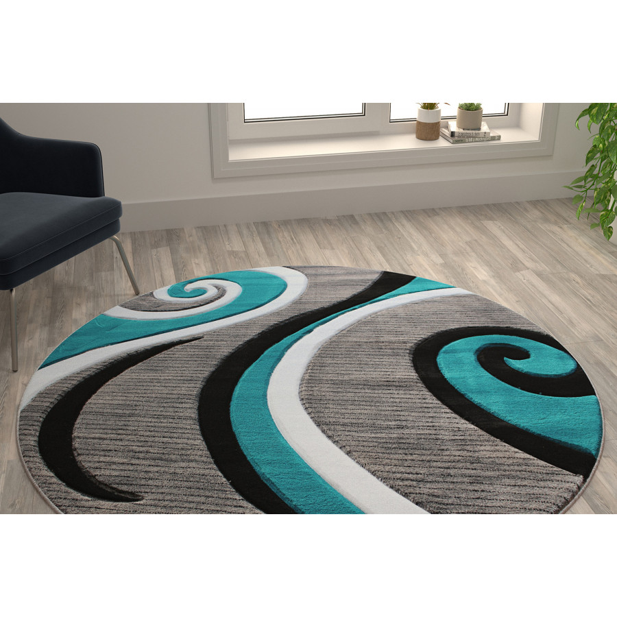 BLNK Athos Collection Abstract Olefin Area Rug with Jute Backing - Turquoise, 5'W x 5'L