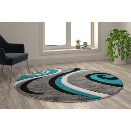 BLNK Athos Collection Abstract Olefin Area Rug with Jute Backing - Turquoise, 5'W x 5'L