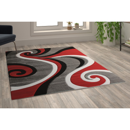BLNK Athos Collection Abstract Olefin Area Rug with Jute Backing - Red, 5'W x 7'L