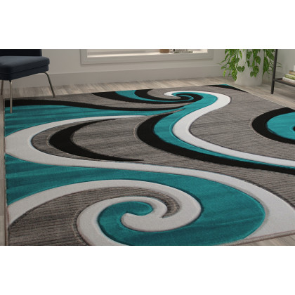 BLNK Athos Collection Abstract Olefin Area Rug with Jute Backing - Turquoise, 8'W x 10'L