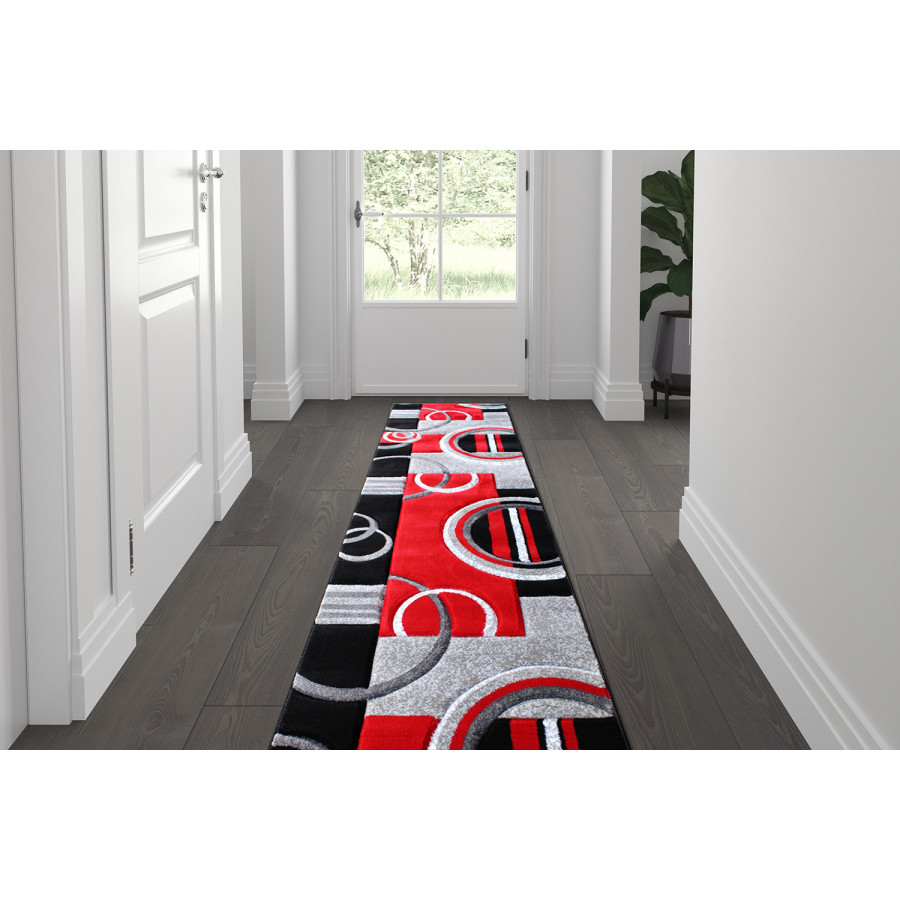 BLNK Audra Collection Geometric Abstract Olefin Area Rug with Jute Backing - Red, 2'W x 7'L