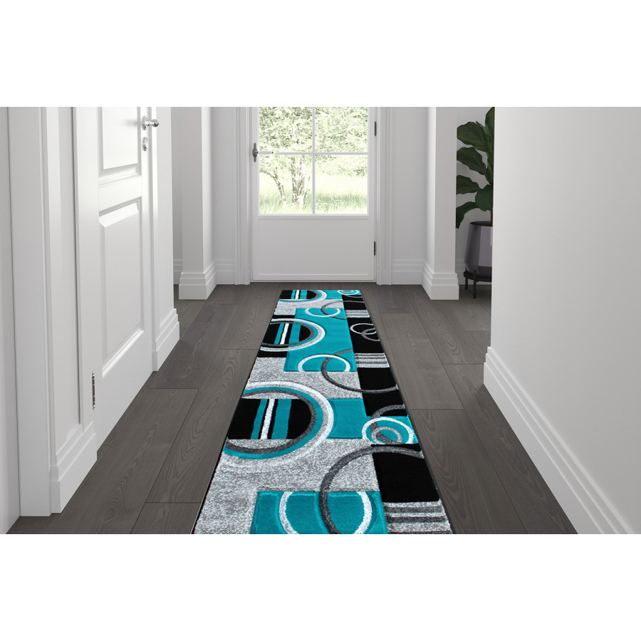 BLNK Audra Collection Geometric Abstract Olefin Area Rug with Jute Backing - Turquoise, 2'W x 7'L