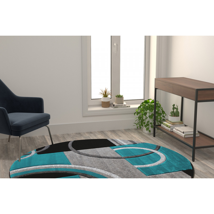 BLNK Audra Collection Abstract Round Olefin Area Rug with Jute Backing - Turquoise, 5'W x 5'L