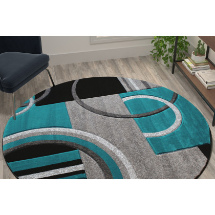 BLNK Audra Collection Abstract Round Olefin Area Rug with Jute Backing - Turquoise, 5'W x 5'L