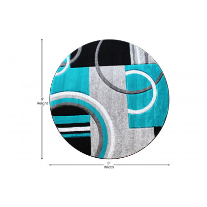 BLNK Audra Collection Abstract Round Olefin Area Rug with Jute Backing - Turquoise, 5'W x 5'L