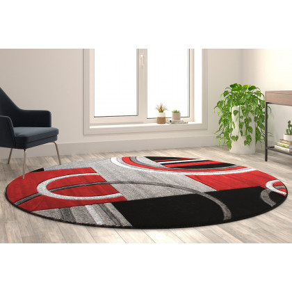 BLNK Audra Collection Abstract Round Olefin Area Rug with Jute Backing - Red, 8'W x 8'L