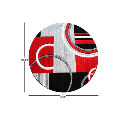 BLNK Audra Collection Abstract Round Olefin Area Rug with Jute Backing - Red, 8'W x 8'L