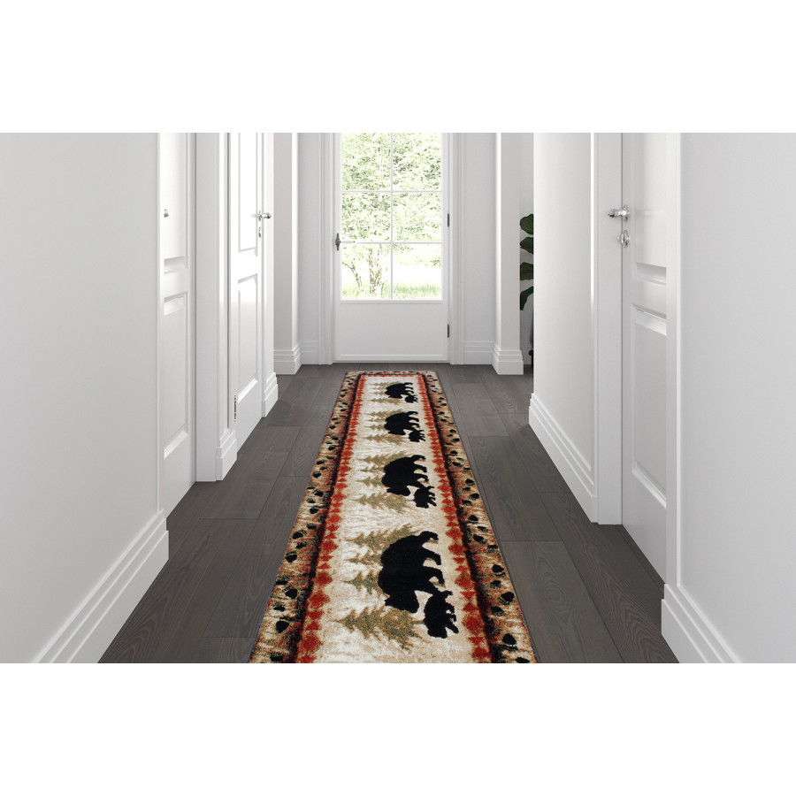 BLNK Ursus Collection Rustic Lodge Wandering Black Bear and Cub Area Rug with Jute Backing - 3'W x 10'L
