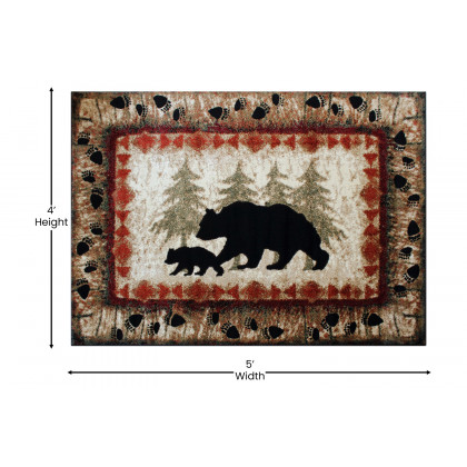 BLNK Ursus Collection Rustic Lodge Wandering Black Bear and Cub Area Rug with Jute Backing - 4'W x 5'L