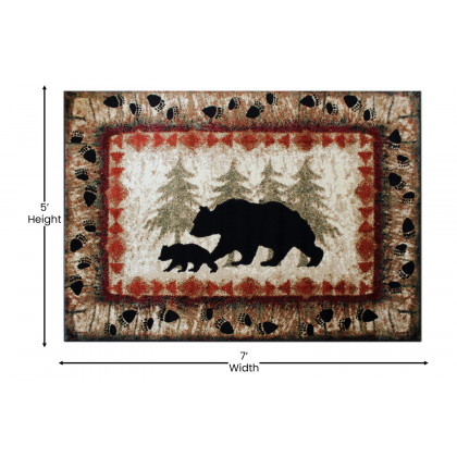 BLNK Ursus Collection Rustic Lodge Wandering Black Bear and Cub Area Rug with Jute Backing - 5'W x 7'L