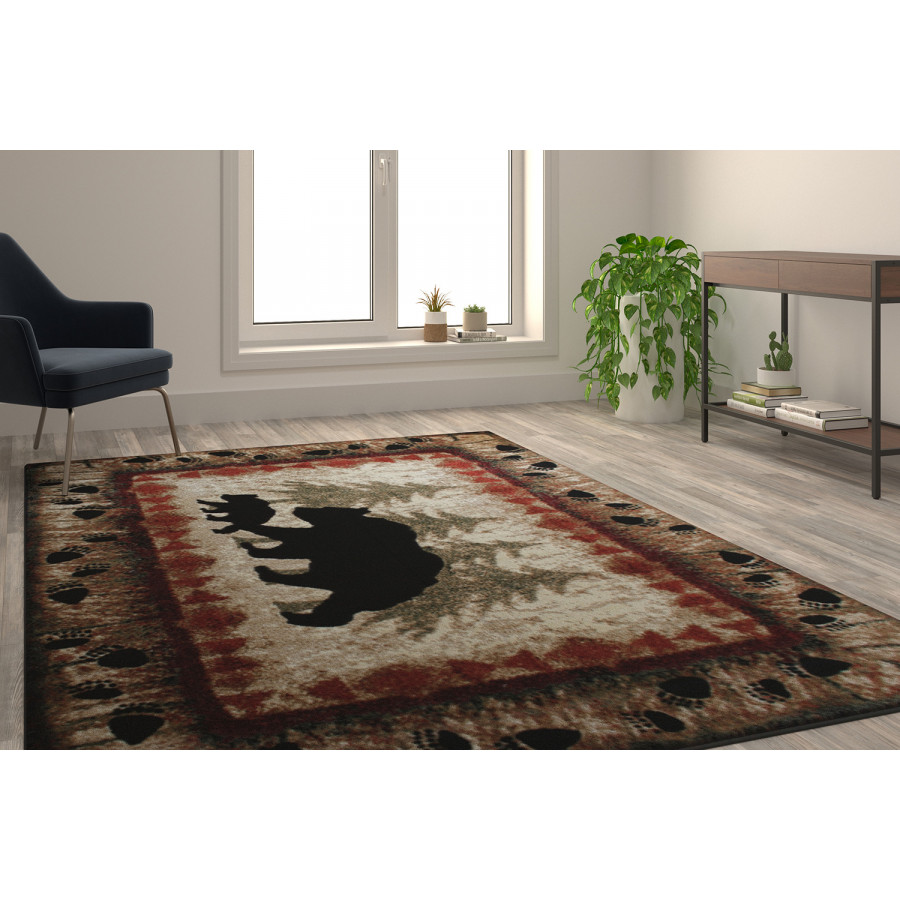 BLNK Ursus Collection Rustic Lodge Wandering Black Bear and Cub Area Rug with Jute Backing - 6'W x 9'L