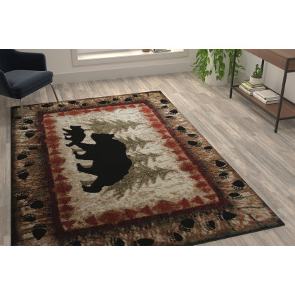 BLNK Ursus Collection Rustic Lodge Wandering Black Bear and Cub Area Rug with Jute Backing - 6'W x 9'L