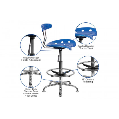 BLNK Bradley Vibrant Chrome Drafting Stool with Tractor Seat - Bright Blue