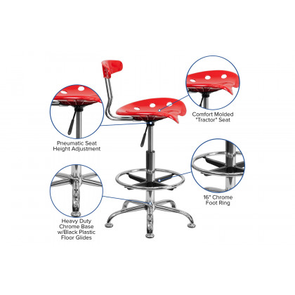 BLNK Bradley Vibrant Chrome Drafting Stool with Tractor Seat - Red