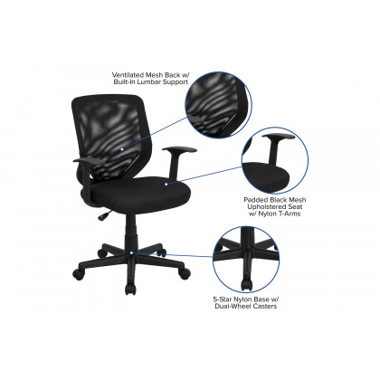 BLNK - Norris Mid-Back Mesh Tapered Back Swivel Task Office Chair with T-Arms