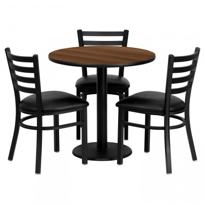 BLNK - Clark Round Walnut Laminate Table Set with 3 Ladder Back Metal Chairs with Vinyl Seat