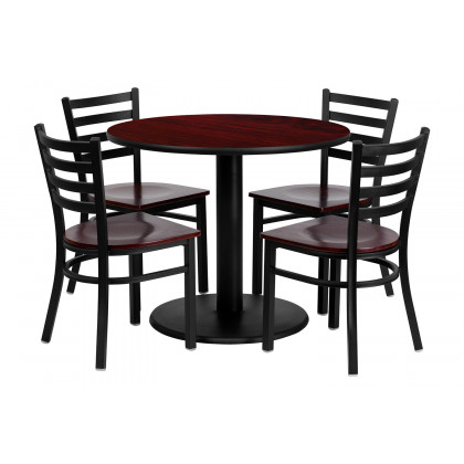 BLNK - Clark Round Mahogany Laminate Table Set with 4 Ladder Back Metal Chairs with Wood Seat