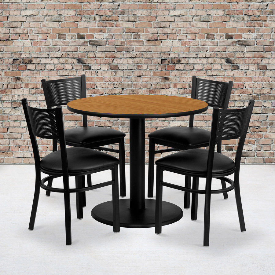 BLNK - Clark Round Natural Laminate Table Set with 4 Grid Back Metal Chairs with Vinyl Seat