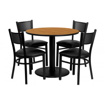 BLNK - Clark Round Natural Laminate Table Set with 4 Grid Back Metal Chairs with Vinyl Seat