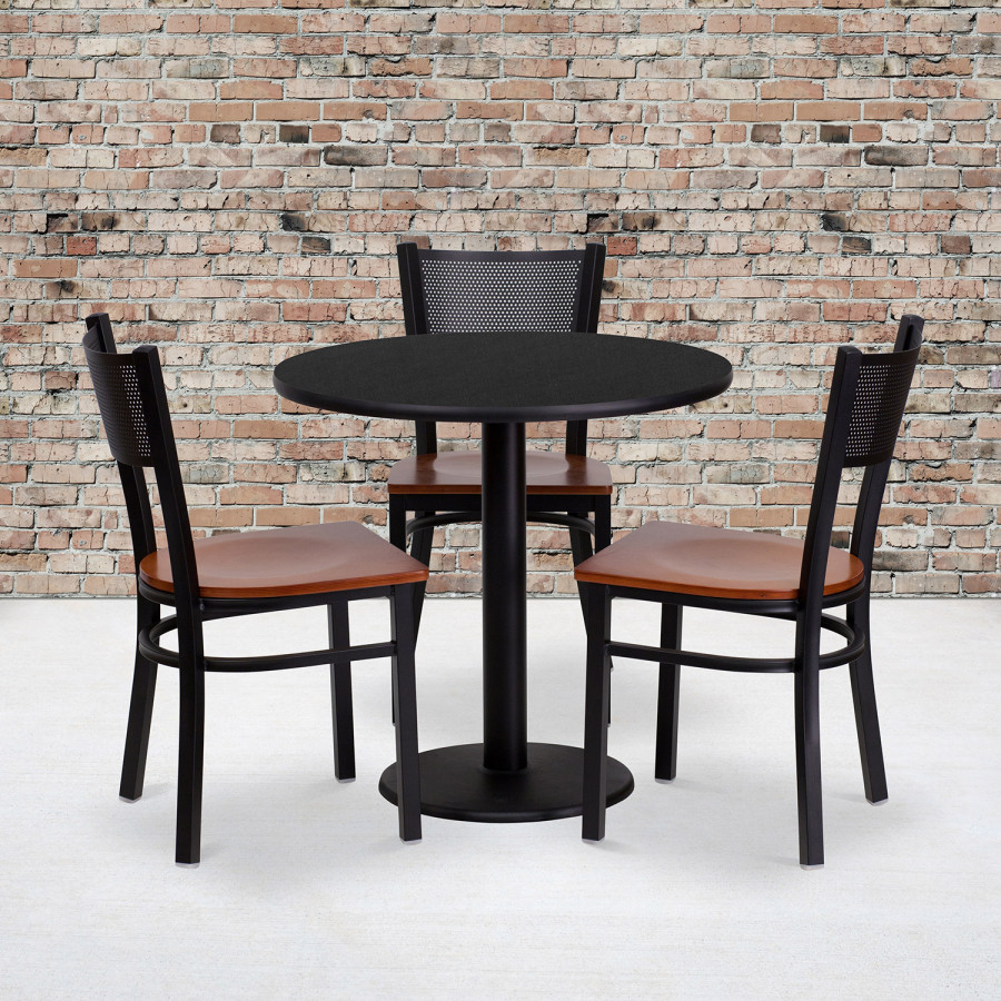 BLNK - Clark Round Black Laminate Table Set with 3 Grid Back Metal Chairs with Wood Seat