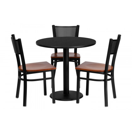 BLNK - Clark Round Black Laminate Table Set with 3 Grid Back Metal Chairs with Wood Seat
