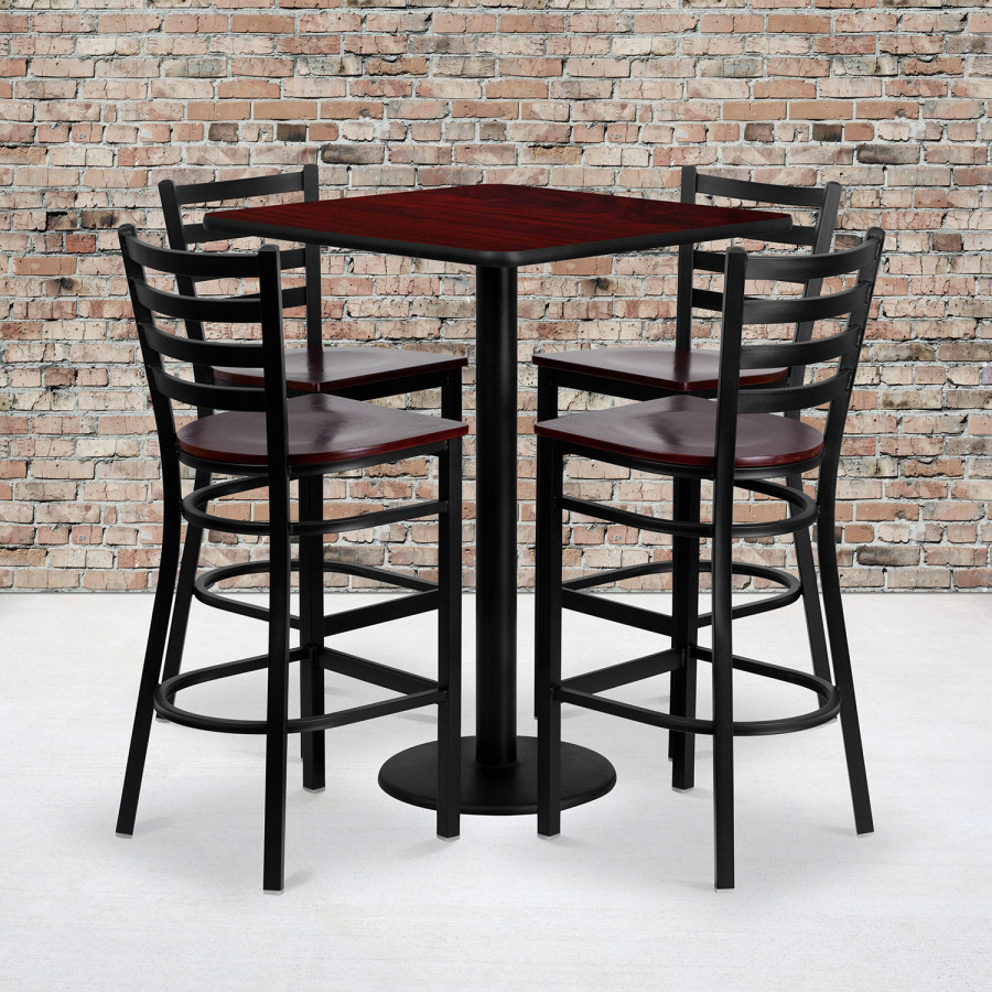 BLNK - Clark Square Laminate Table Set with 4 Ladder Back Metal Bar Stools with Mahogany Wood Seat