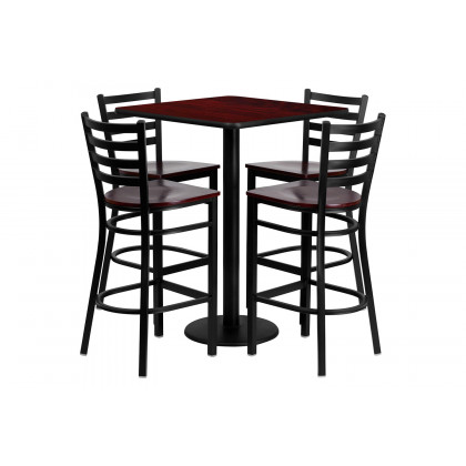 BLNK - Clark Square Laminate Table Set with 4 Ladder Back Metal Bar Stools with Mahogany Wood Seat