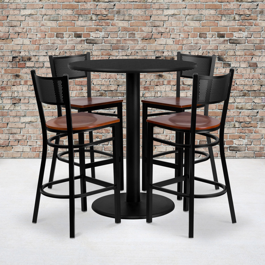 BLNK - Clark Round Laminate Table Set with 4 Grid Back Metal Bar Stools with Cherry Wood Seat