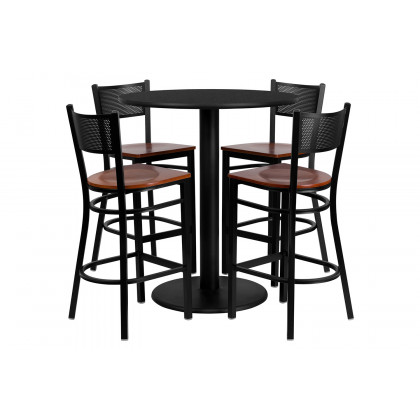 BLNK - Clark Round Laminate Table Set with 4 Grid Back Metal Bar Stools with Cherry Wood Seat