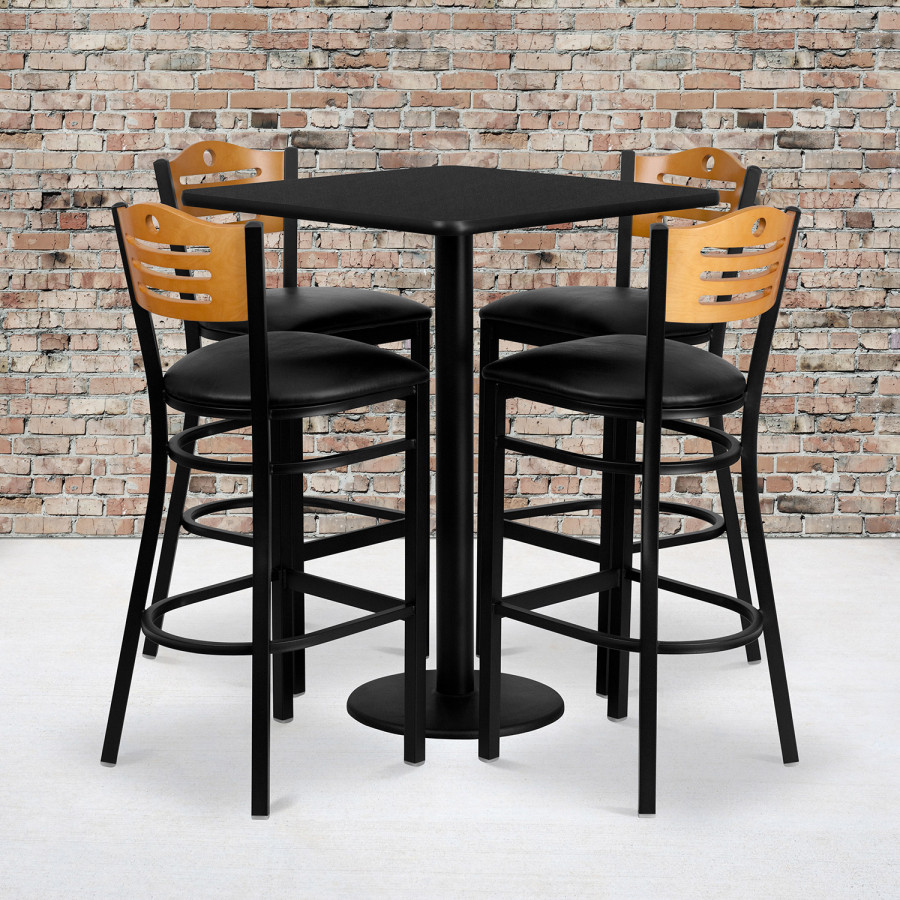 BLNK - Clark Square Laminate Table Set with 4 Wood Slat Back Metal Bar Stools with Black Vinyl Seat