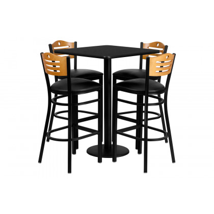 BLNK - Clark Square Laminate Table Set with 4 Wood Slat Back Metal Bar Stools with Black Vinyl Seat