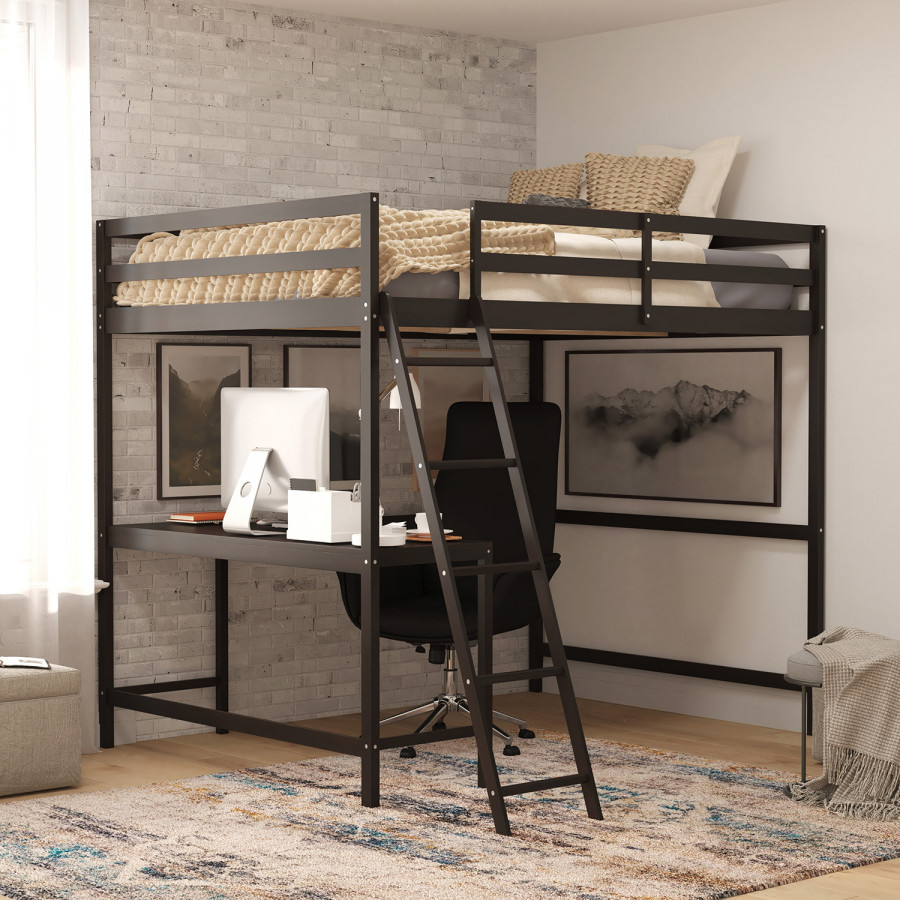 BLNK Riley Wood Bed Frame with Protective Guard Rails and Ladder for Kids and Teens - Espresso, Full Size