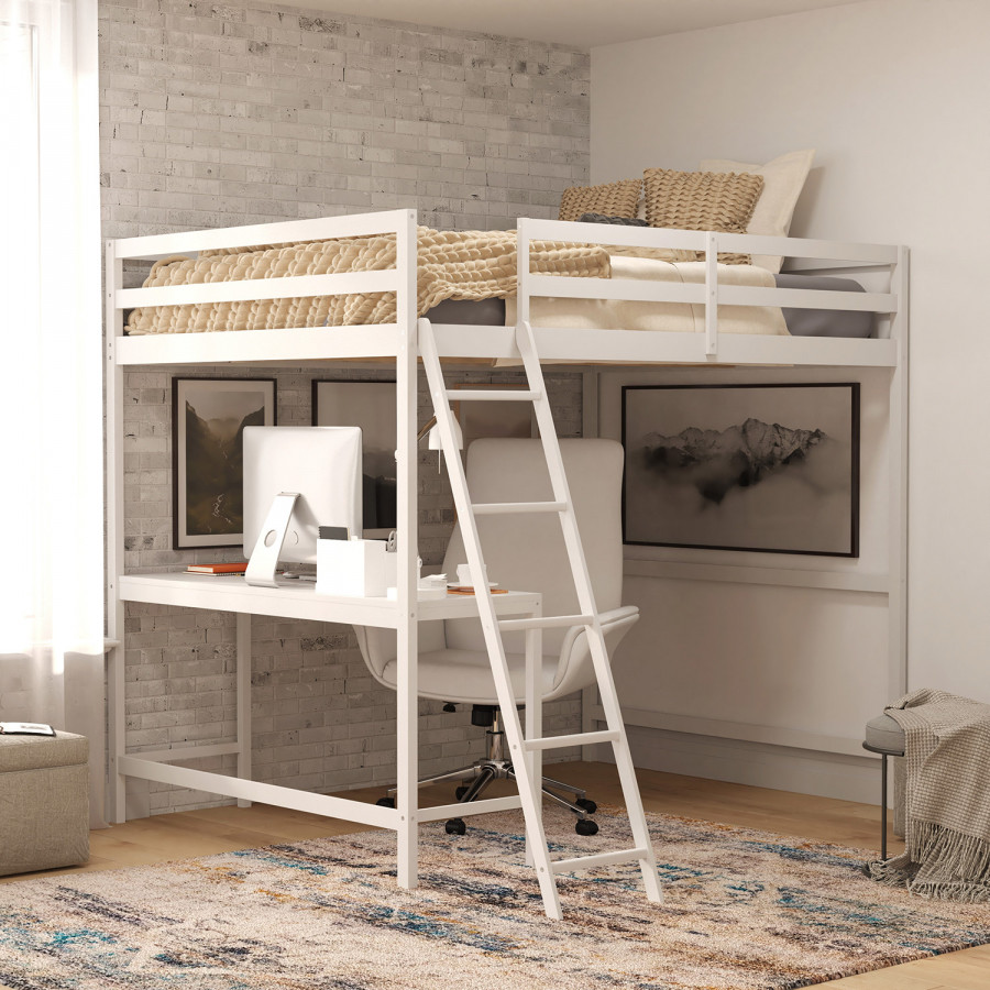 BLNK Riley Wood Bed Frame with Protective Guard Rails and Ladder for Kids and Teens - White, Full Size