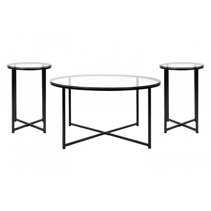 BLNK Greenwich Collection Coffee and End Table Set with Clear Glass Top 3 Piece - Matte Black
